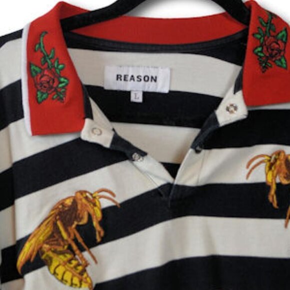 Reason Mens B&W Striped Polo Shirt w Embroided Bees & Roses Size: L - Picture 4 of 4